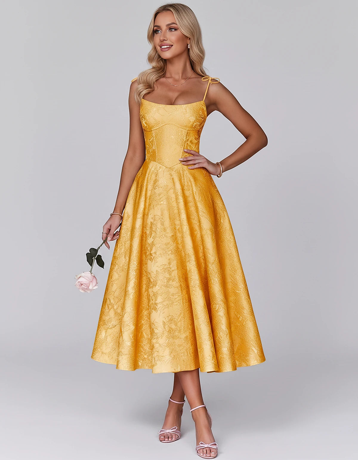 Floral Jacquard Satin Sleeveless Square Neck A-Line Midi Dress for Party, Cocktail, Evening, Wedding Guest, Prom & Summer Eve