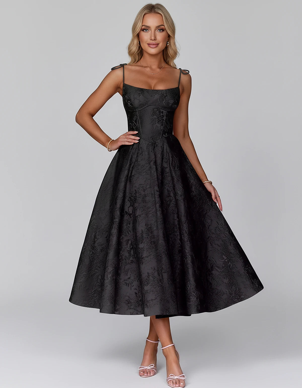 Floral Jacquard Satin Sleeveless Square Neck A-Line Midi Dress for Party, Cocktail, Evening, Wedding Guest, Prom & Summer Eve