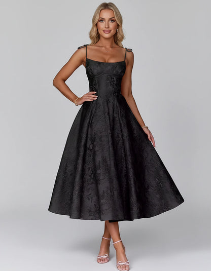 Floral Jacquard Satin Sleeveless Square Neck A-Line Midi Dress for Party, Cocktail, Evening, Wedding Guest, Prom & Summer Eve