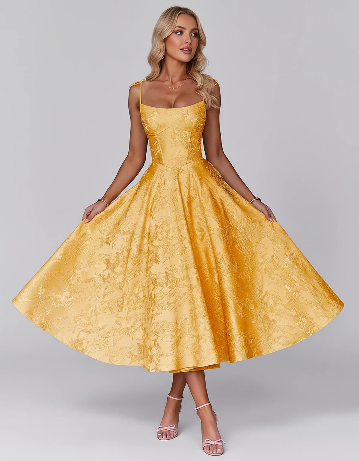 Floral Jacquard Satin Sleeveless Square Neck A-Line Midi Dress for Party, Cocktail, Evening, Wedding Guest, Prom & Summer Eve