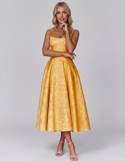 Floral Jacquard Satin Sleeveless Square Neck A-Line Midi Dress for Party, Cocktail, Evening, Wedding Guest, Prom & Summer Eve