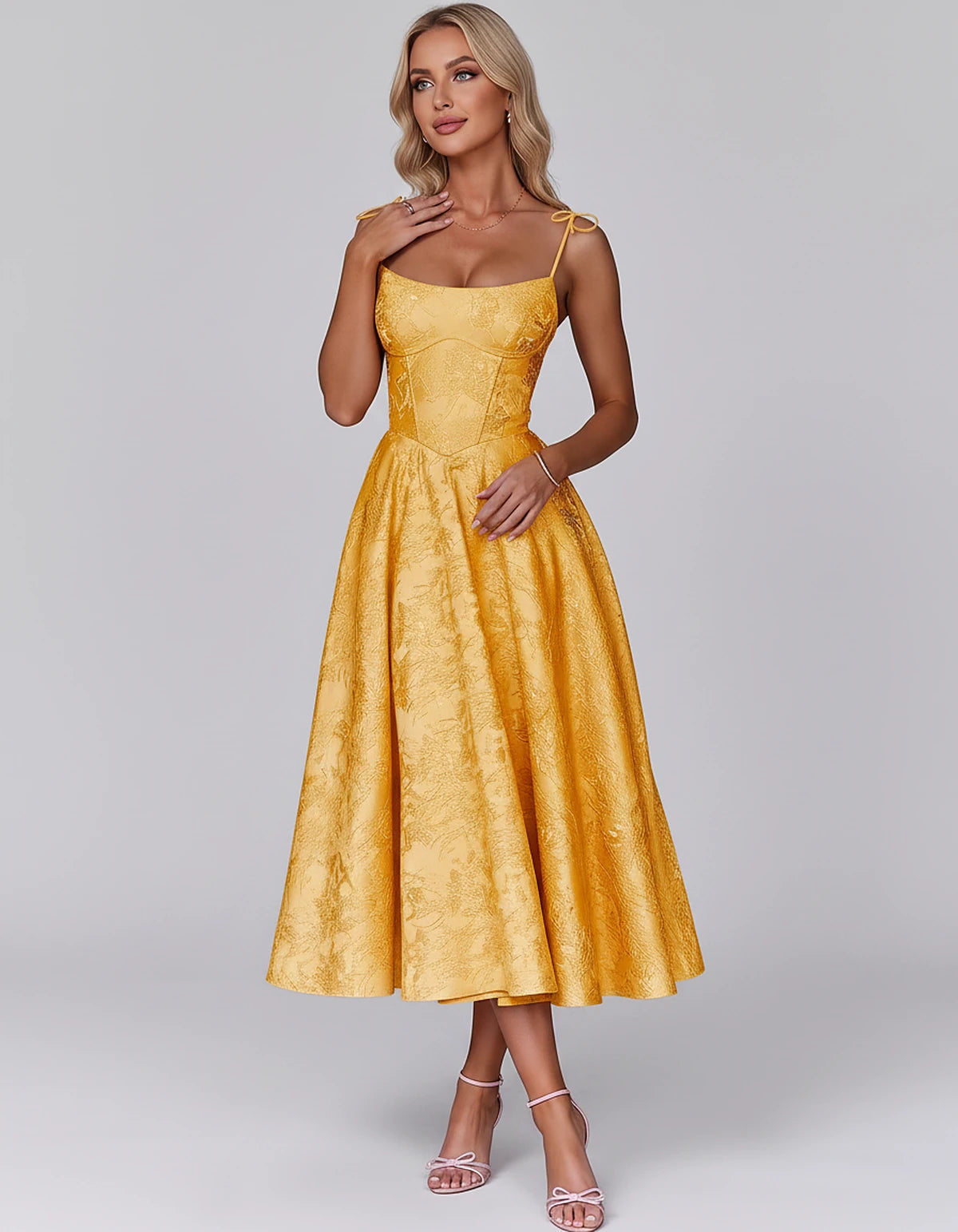 Floral Jacquard Satin Sleeveless Square Neck A-Line Midi Dress for Party, Cocktail, Evening, Wedding Guest, Prom & Summer Eve