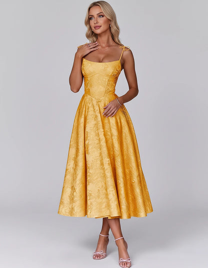 Floral Jacquard Satin Sleeveless Square Neck A-Line Midi Dress for Party, Cocktail, Evening, Wedding Guest, Prom & Summer Eve