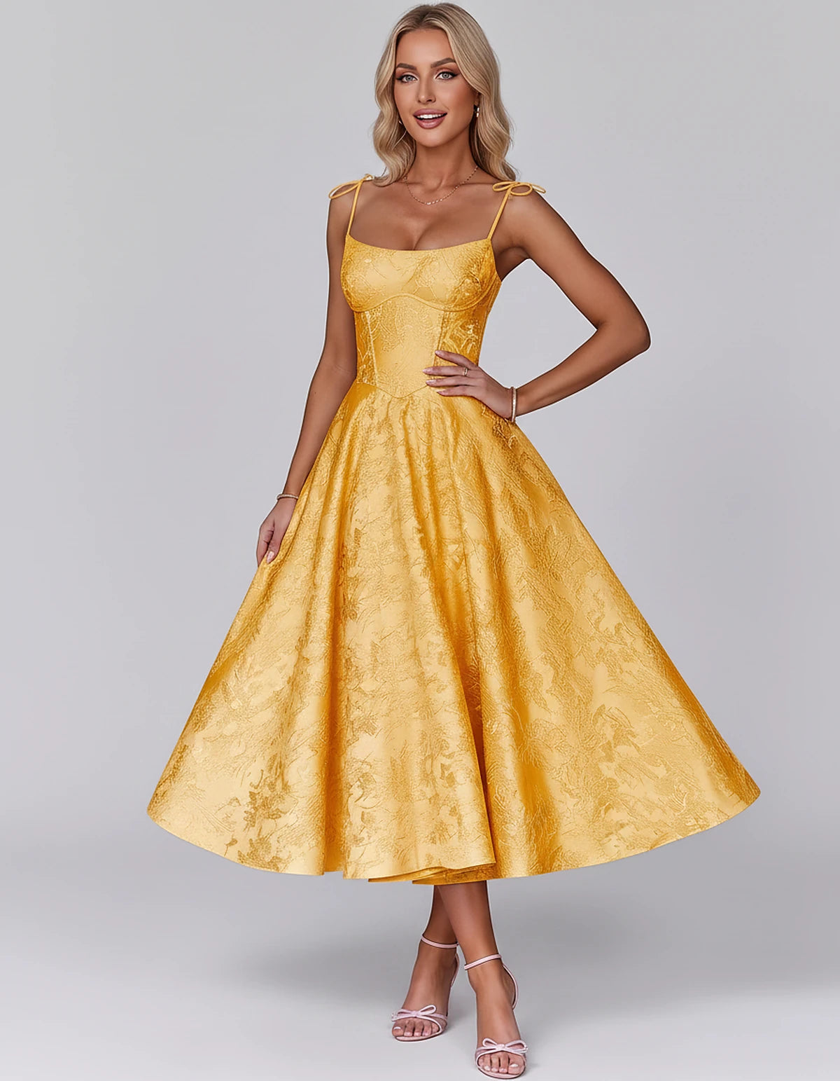 Floral Jacquard Satin Sleeveless Square Neck A-Line Midi Dress for Party, Cocktail, Evening, Wedding Guest, Prom & Summer Eve