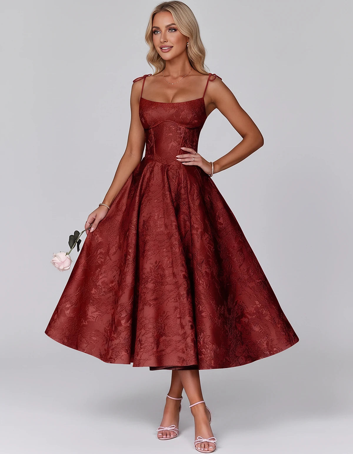 Floral Jacquard Satin Sleeveless Square Neck A-Line Midi Dress for Party, Cocktail, Evening, Wedding Guest, Prom & Summer Eve