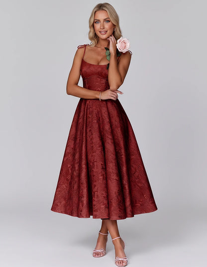Floral Jacquard Satin Sleeveless Square Neck A-Line Midi Dress for Party, Cocktail, Evening, Wedding Guest, Prom & Summer Eve