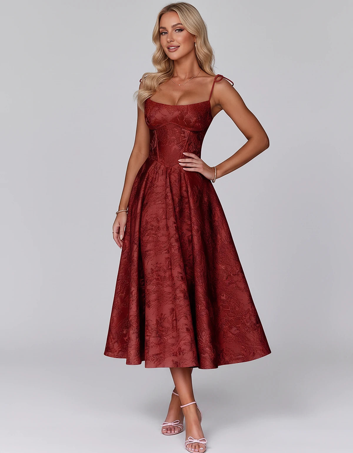 Floral Jacquard Satin Sleeveless Square Neck A-Line Midi Dress for Party, Cocktail, Evening, Wedding Guest, Prom & Summer Eve
