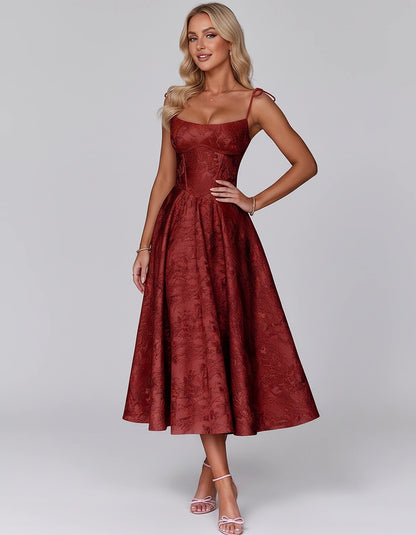 Floral Jacquard Satin Sleeveless Square Neck A-Line Midi Dress for Party, Cocktail, Evening, Wedding Guest, Prom & Summer Eve