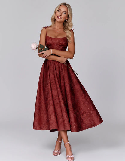 Floral Jacquard Satin Sleeveless Square Neck A-Line Midi Dress for Party, Cocktail, Evening, Wedding Guest, Prom & Summer Eve