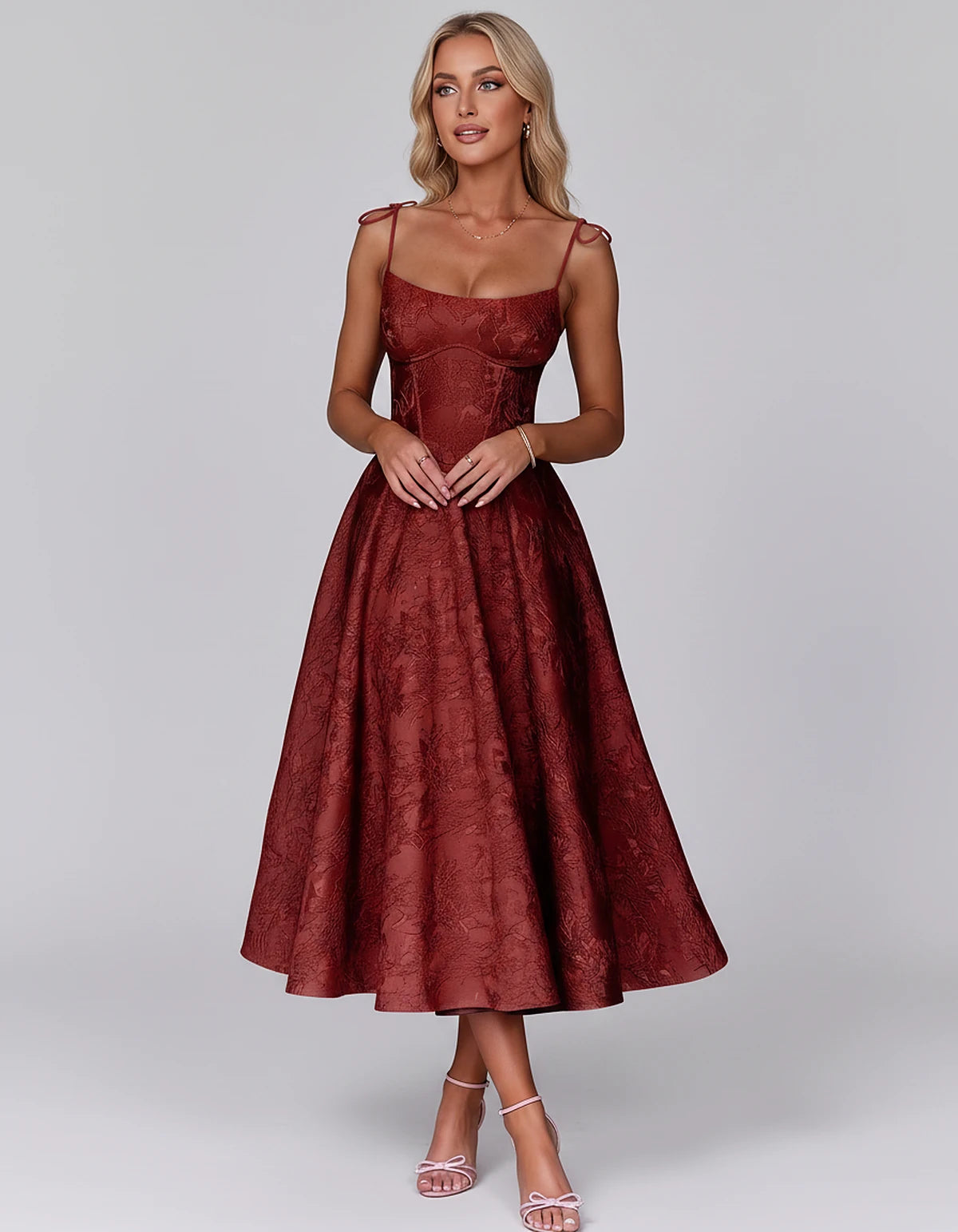 Floral Jacquard Satin Sleeveless Square Neck A-Line Midi Dress for Party, Cocktail, Evening, Wedding Guest, Prom & Summer Eve