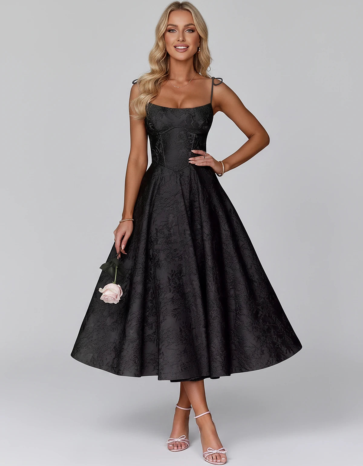 Floral Jacquard Satin Sleeveless Square Neck A-Line Midi Dress for Party, Cocktail, Evening, Wedding Guest, Prom & Summer Eve