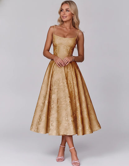 Floral Jacquard Satin Sleeveless Square Neck A-Line Midi Dress for Party, Cocktail, Evening, Wedding Guest, Prom & Summer Eve