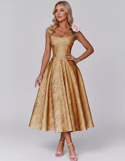 Floral Jacquard Satin Sleeveless Square Neck A-Line Midi Dress for Party, Cocktail, Evening, Wedding Guest, Prom & Summer Eve