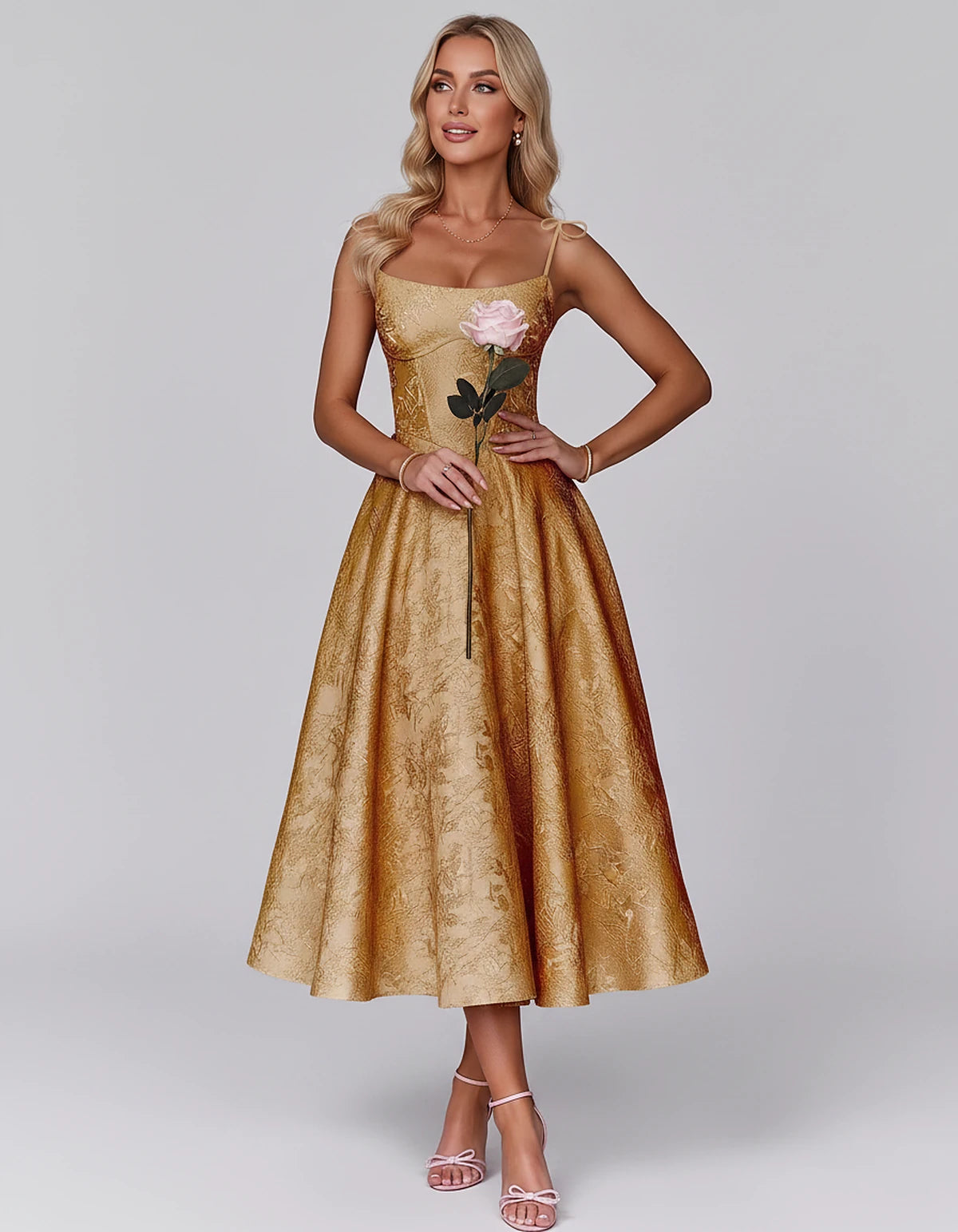 Floral Jacquard Satin Sleeveless Square Neck A-Line Midi Dress for Party, Cocktail, Evening, Wedding Guest, Prom & Summer Eve