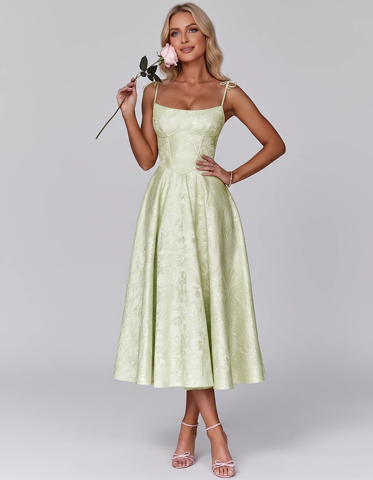 Floral Jacquard Satin Sleeveless Square Neck A-Line Midi Dress for Party, Cocktail, Evening, Wedding Guest, Prom & Summer Eve