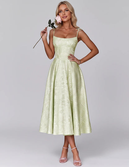 Floral Jacquard Satin Sleeveless Square Neck A-Line Midi Dress for Party, Cocktail, Evening, Wedding Guest, Prom & Summer Eve