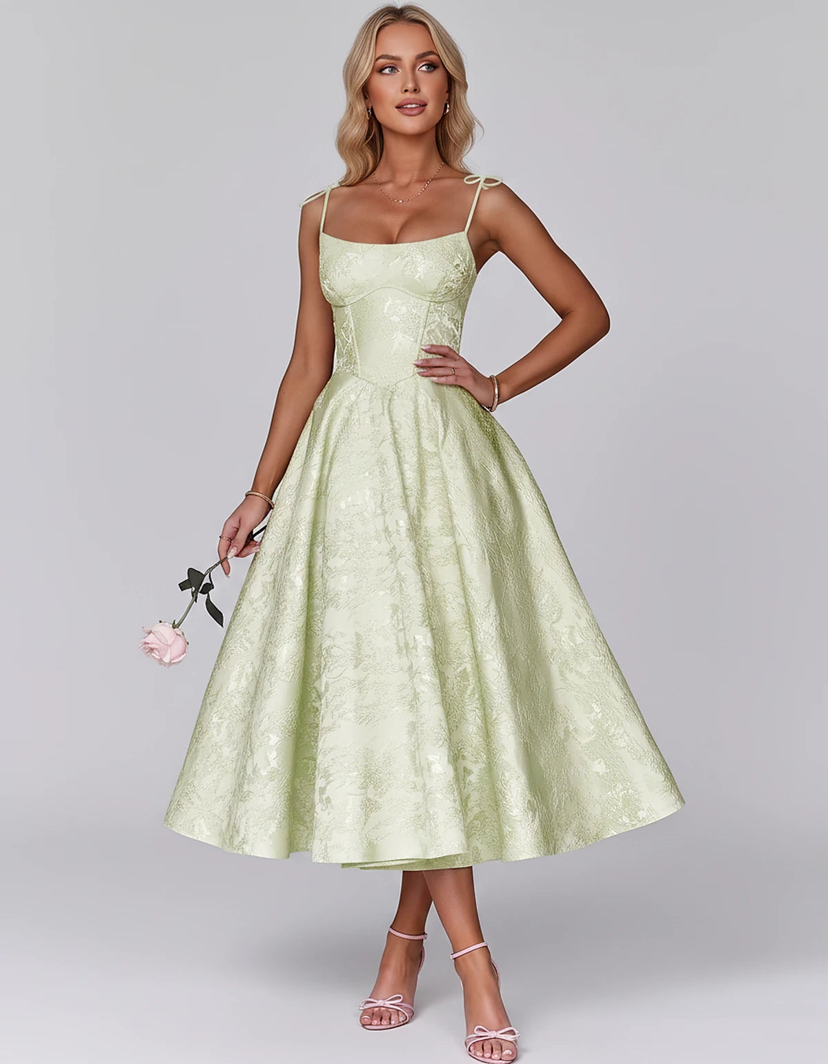Floral Jacquard Satin Sleeveless Square Neck A-Line Midi Dress for Party, Cocktail, Evening, Wedding Guest, Prom & Summer Eve