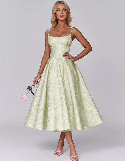 Floral Jacquard Satin Sleeveless Square Neck A-Line Midi Dress for Party, Cocktail, Evening, Wedding Guest, Prom & Summer Eve