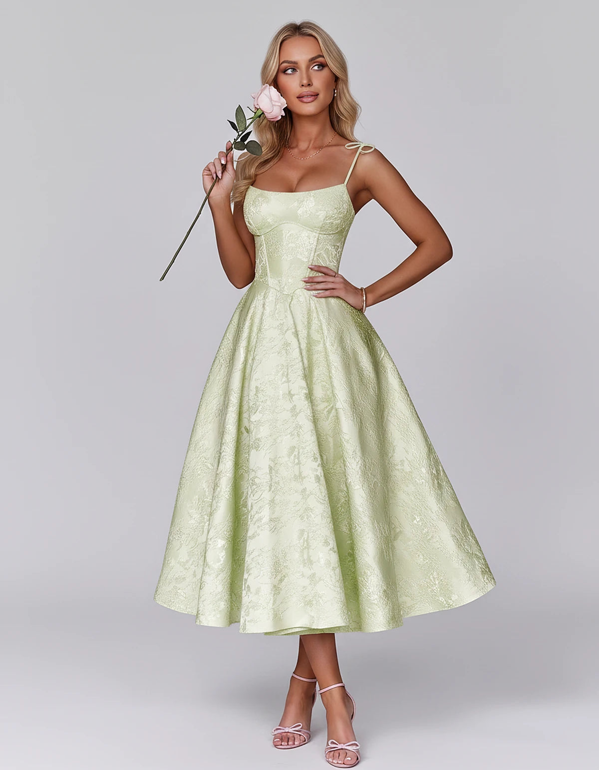 Floral Jacquard Satin Sleeveless Square Neck A-Line Midi Dress for Party, Cocktail, Evening, Wedding Guest, Prom & Summer Eve