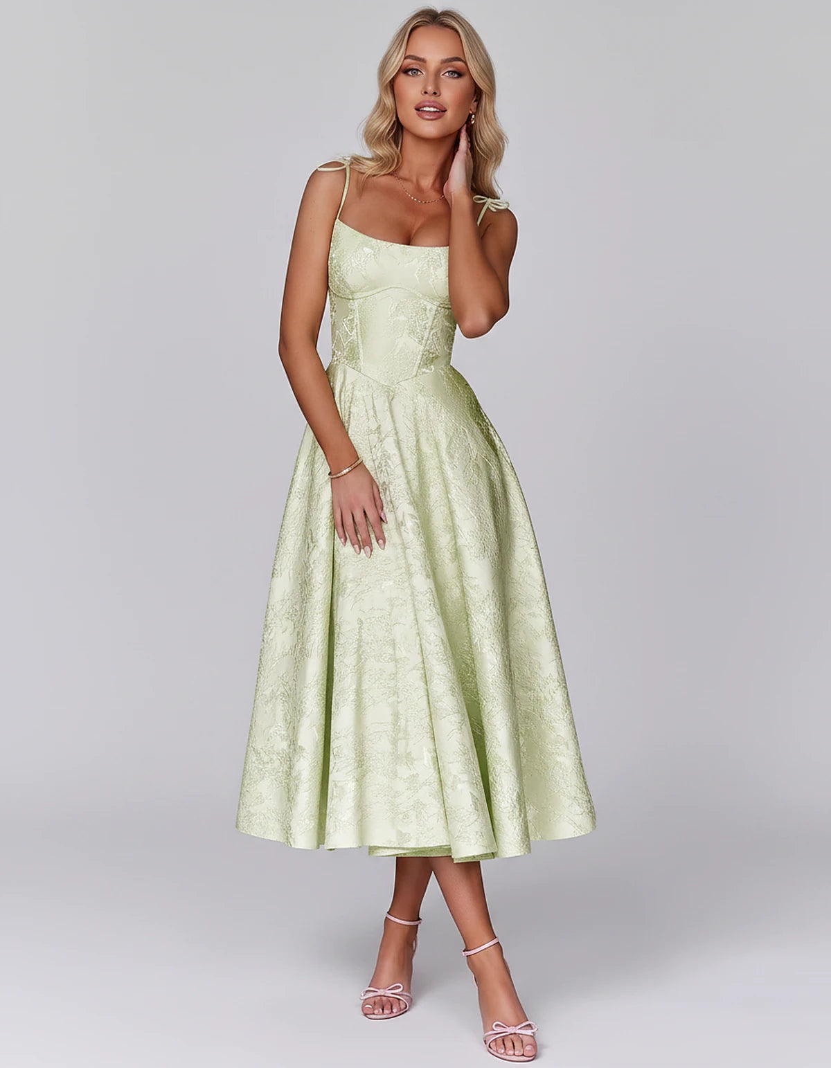 Floral Jacquard Satin Sleeveless Square Neck A-Line Midi Dress for Party, Cocktail, Evening, Wedding Guest, Prom & Summer Eve