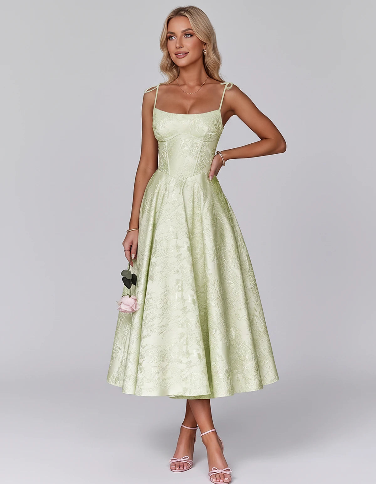 Floral Jacquard Satin Sleeveless Square Neck A-Line Midi Dress for Party, Cocktail, Evening, Wedding Guest, Prom & Summer Eve