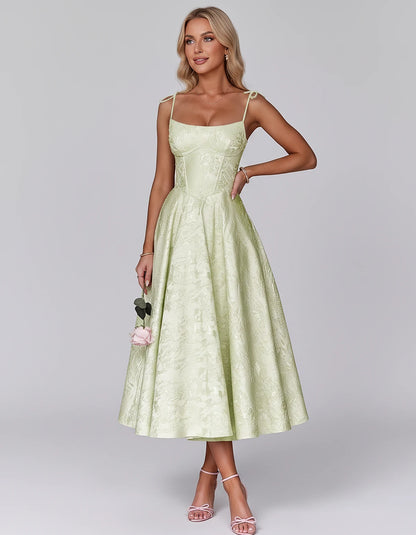 Floral Jacquard Satin Sleeveless Square Neck A-Line Midi Dress for Party, Cocktail, Evening, Wedding Guest, Prom & Summer Eve