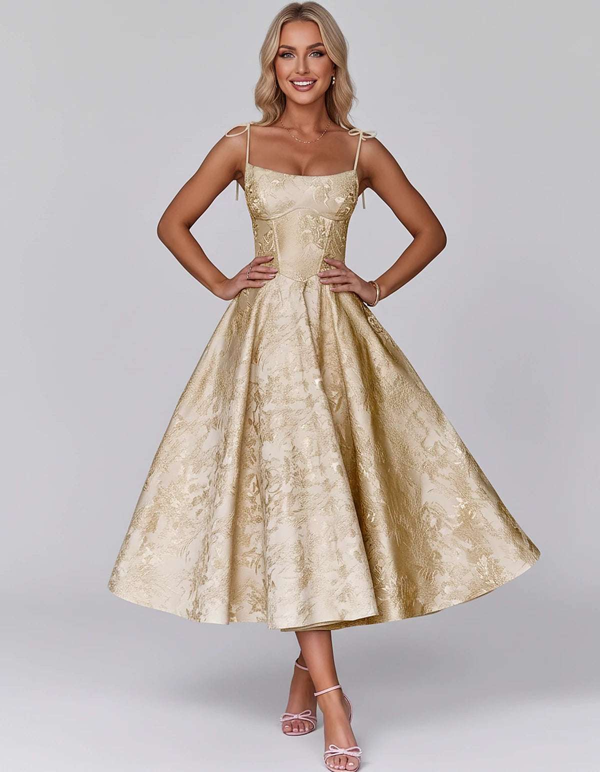 Floral Jacquard Satin Sleeveless Square Neck A-Line Midi Dress for Party, Cocktail, Evening, Wedding Guest, Prom & Summer Eve