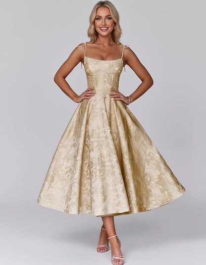 Floral Jacquard Satin Sleeveless Square Neck A-Line Midi Dress for Party, Cocktail, Evening, Wedding Guest, Prom & Summer Eve