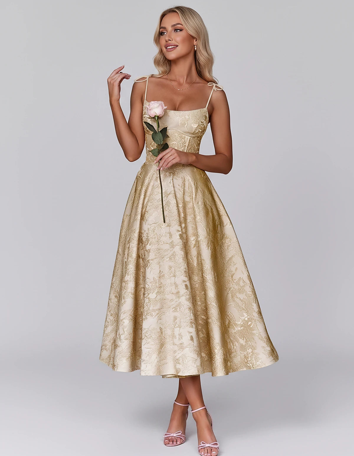 Floral Jacquard Satin Sleeveless Square Neck A-Line Midi Dress for Party, Cocktail, Evening, Wedding Guest, Prom & Summer Eve