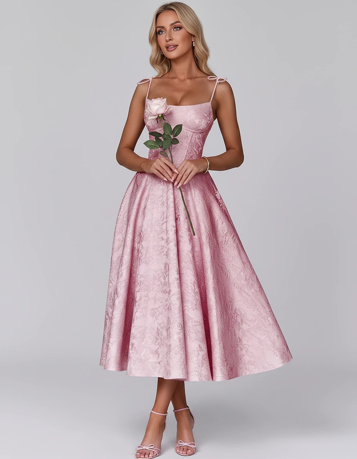 Floral Jacquard Satin Sleeveless Square Neck A-Line Midi Dress for Party, Cocktail, Evening, Wedding Guest, Prom & Summer Eve