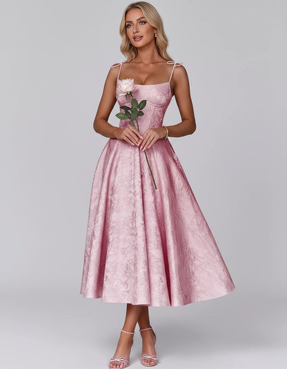 Floral Jacquard Satin Sleeveless Square Neck A-Line Midi Dress for Party, Cocktail, Evening, Wedding Guest, Prom & Summer Eve