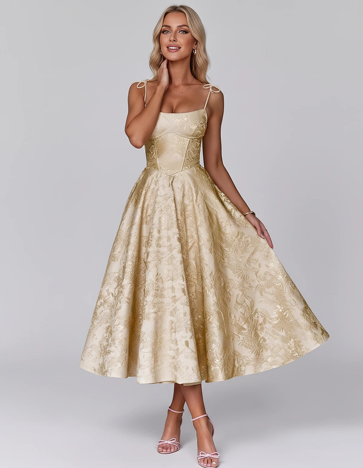 Floral Jacquard Satin Sleeveless Square Neck A-Line Midi Dress for Party, Cocktail, Evening, Wedding Guest, Prom & Summer Eve