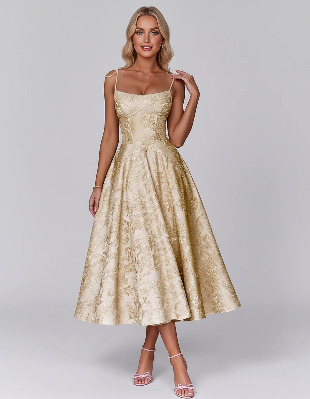 Floral Jacquard Satin Sleeveless Square Neck A-Line Midi Dress for Party, Cocktail, Evening, Wedding Guest, Prom & Summer Eve