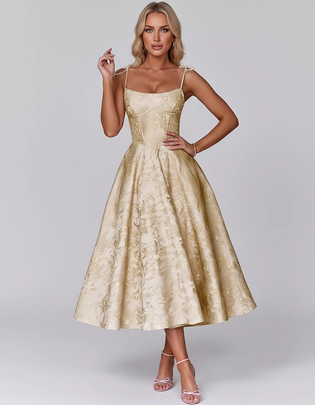Floral Jacquard Satin Sleeveless Square Neck A-Line Midi Dress for Party, Cocktail, Evening, Wedding Guest, Prom & Summer Eve