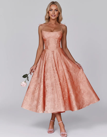 Floral Jacquard Satin Sleeveless Square Neck A-Line Midi Dress for Party, Cocktail, Evening, Wedding Guest, Prom & Summer Eve