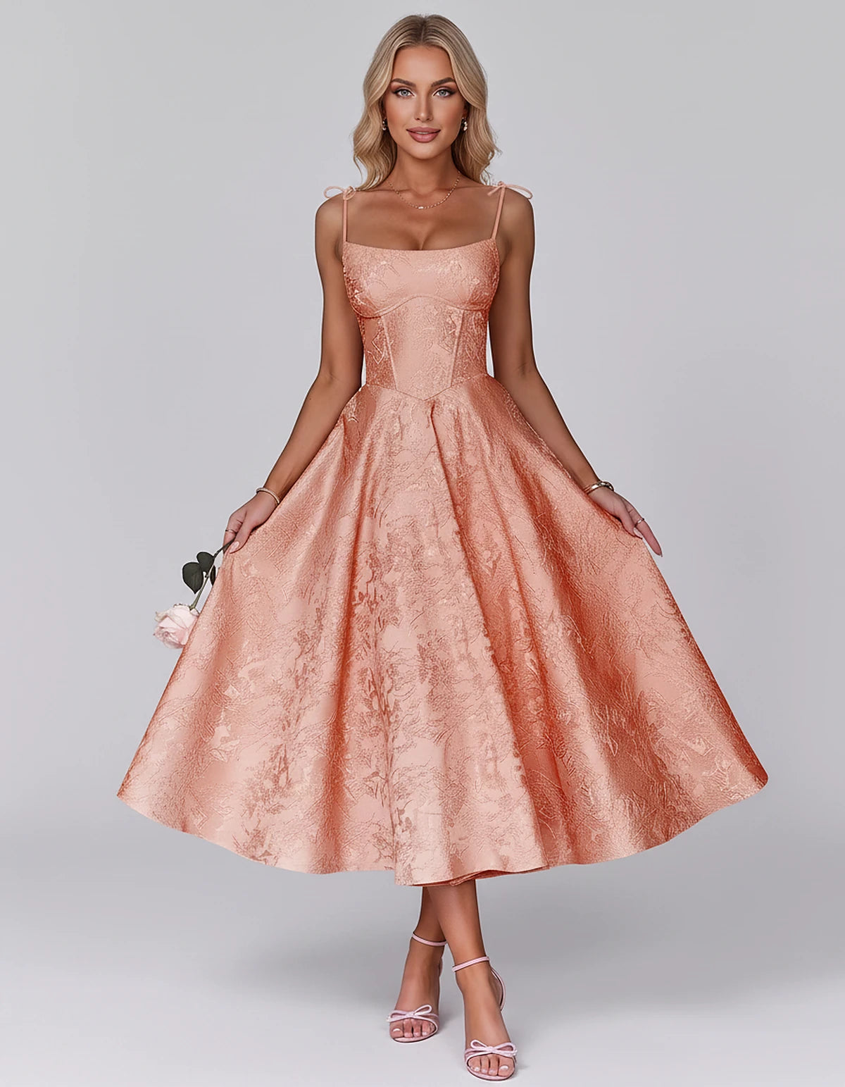 Floral Jacquard Satin Sleeveless Square Neck A-Line Midi Dress for Party, Cocktail, Evening, Wedding Guest, Prom & Summer Eve