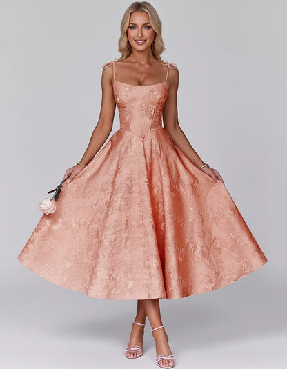 Floral Jacquard Satin Sleeveless Square Neck A-Line Midi Dress for Party, Cocktail, Evening, Wedding Guest, Prom & Summer Eve