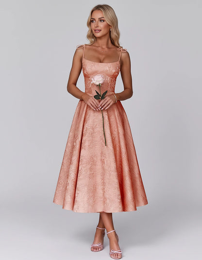 Floral Jacquard Satin Sleeveless Square Neck A-Line Midi Dress for Party, Cocktail, Evening, Wedding Guest, Prom & Summer Eve