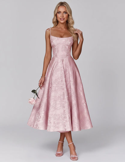 Floral Jacquard Satin Sleeveless Square Neck A-Line Midi Dress for Party, Cocktail, Evening, Wedding Guest, Prom & Summer Eve