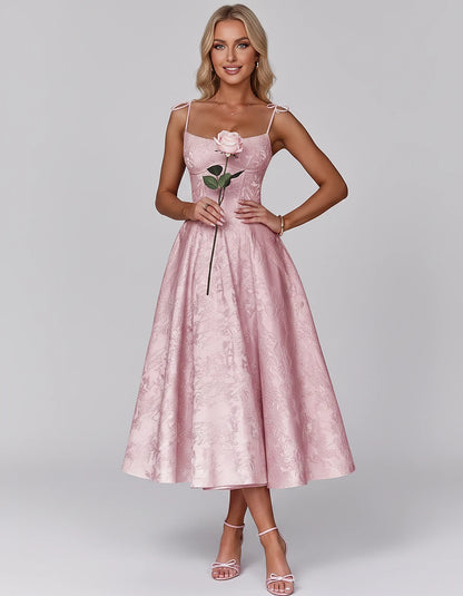 Floral Jacquard Satin Sleeveless Square Neck A-Line Midi Dress for Party, Cocktail, Evening, Wedding Guest, Prom & Summer Eve