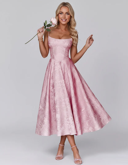 Floral Jacquard Satin Sleeveless Square Neck A-Line Midi Dress for Party, Cocktail, Evening, Wedding Guest, Prom & Summer Eve
