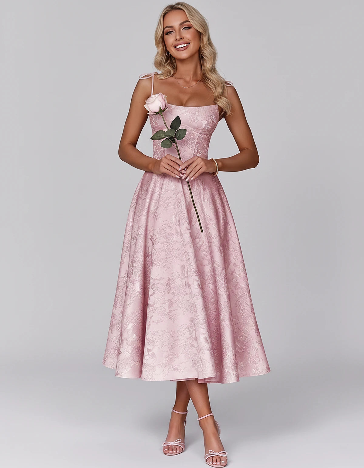 Floral Jacquard Satin Sleeveless Square Neck A-Line Midi Dress for Party, Cocktail, Evening, Wedding Guest, Prom & Summer Eve