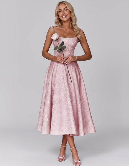 Floral Jacquard Satin Sleeveless Square Neck A-Line Midi Dress for Party, Cocktail, Evening, Wedding Guest, Prom & Summer Eve