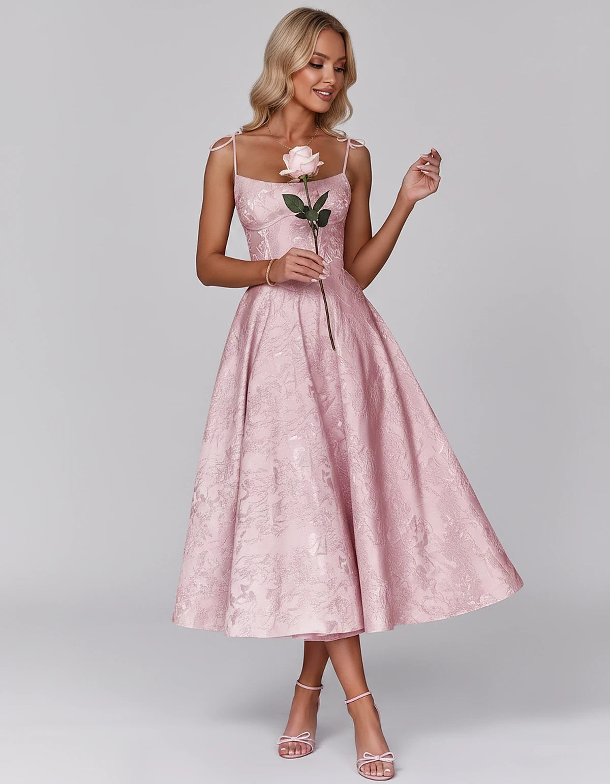 Floral Jacquard Satin Sleeveless Square Neck A-Line Midi Dress for Party, Cocktail, Evening, Wedding Guest, Prom & Summer Eve