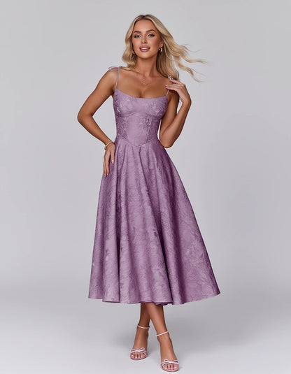 Floral Jacquard Satin Sleeveless Square Neck A-Line Midi Dress for Party, Cocktail, Evening, Wedding Guest, Prom & Summer Eve