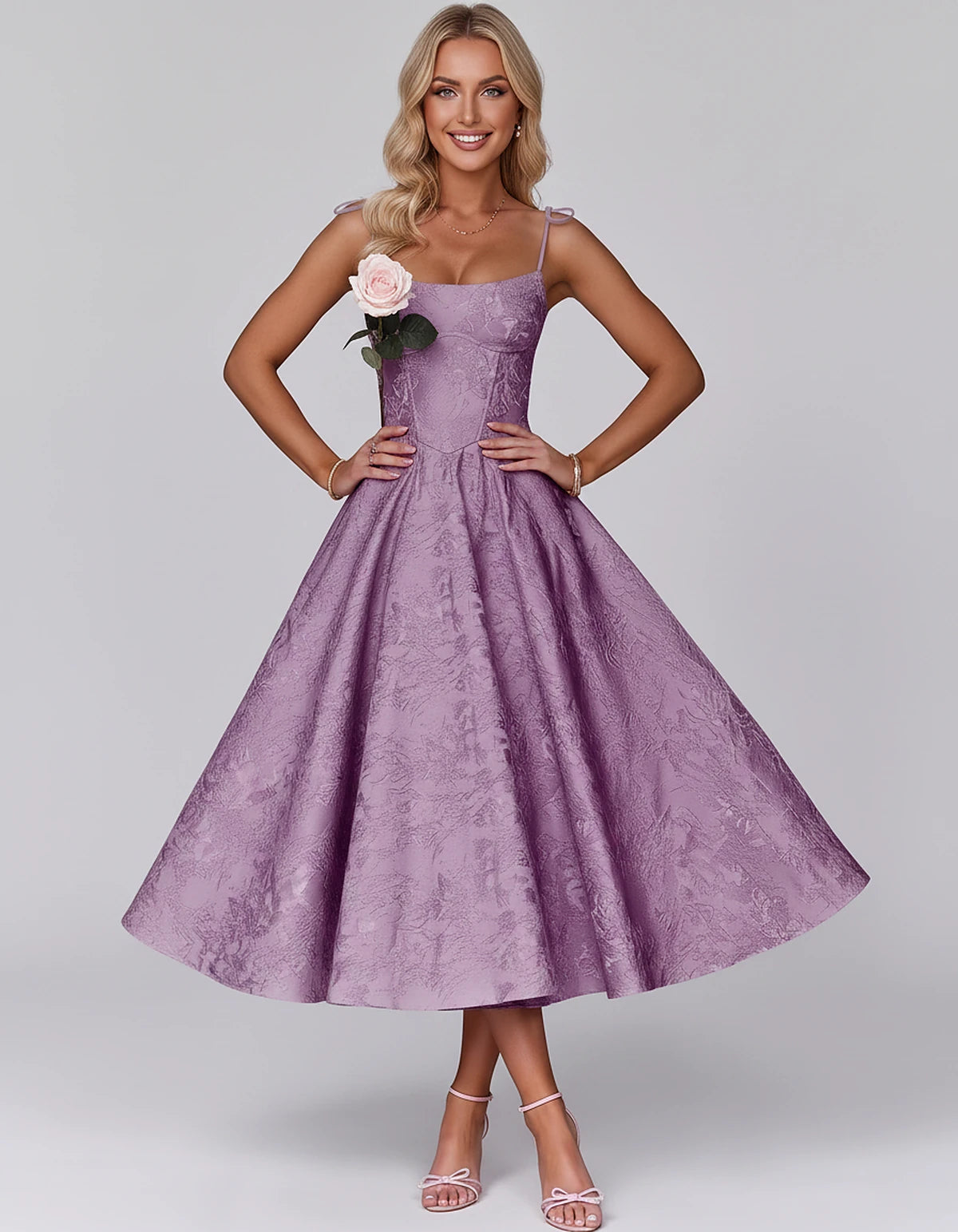 Floral Jacquard Satin Sleeveless Square Neck A-Line Midi Dress for Party, Cocktail, Evening, Wedding Guest, Prom & Summer Eve
