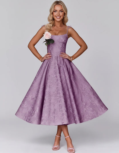 Floral Jacquard Satin Sleeveless Square Neck A-Line Midi Dress for Party, Cocktail, Evening, Wedding Guest, Prom & Summer Eve