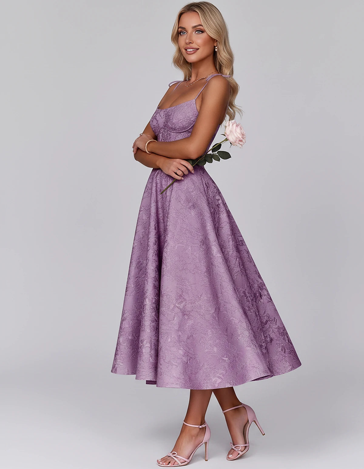Floral Jacquard Satin Sleeveless Square Neck A-Line Midi Dress for Party, Cocktail, Evening, Wedding Guest, Prom & Summer Eve