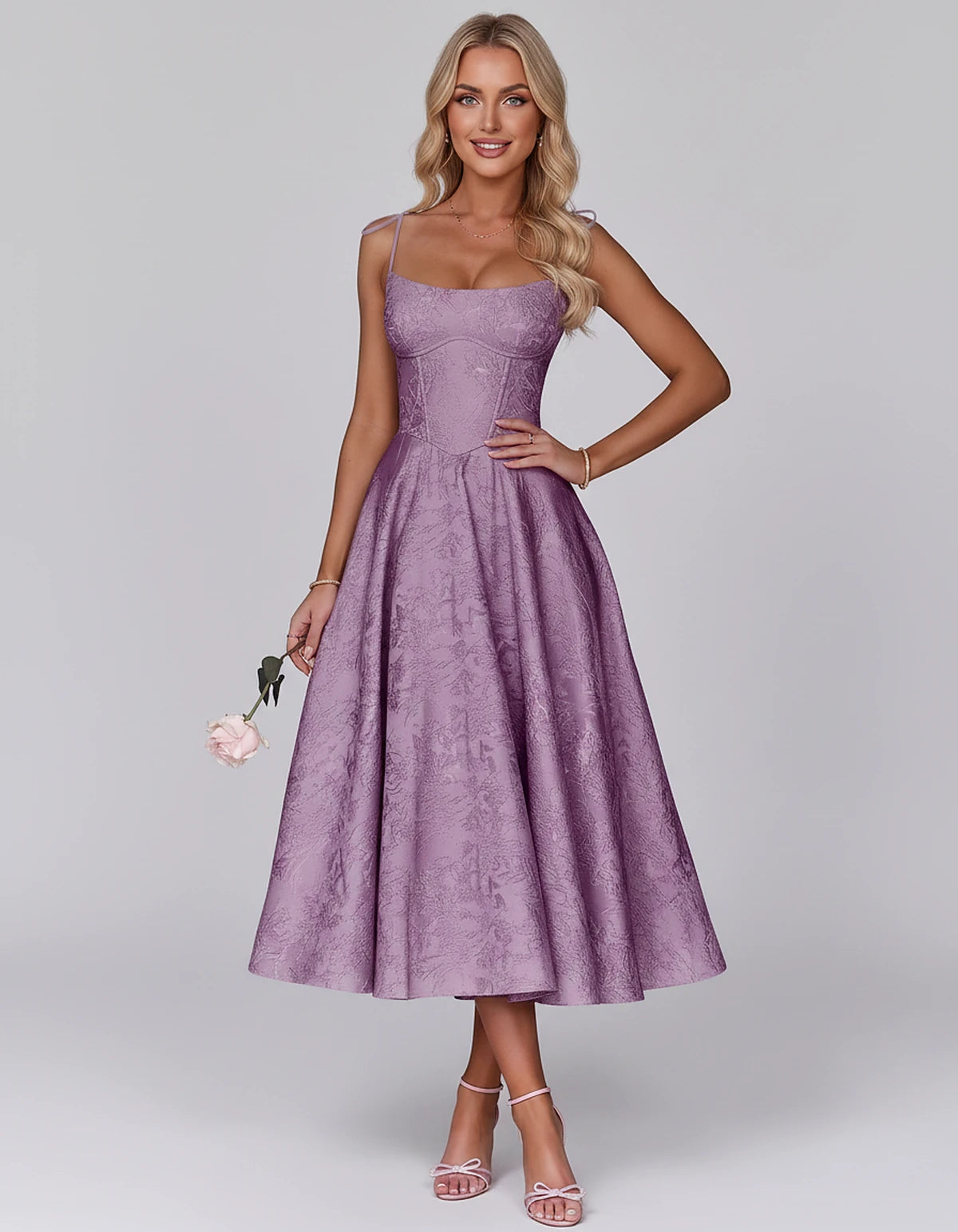 Floral Jacquard Satin Sleeveless Square Neck A-Line Midi Dress for Party, Cocktail, Evening, Wedding Guest, Prom & Summer Eve