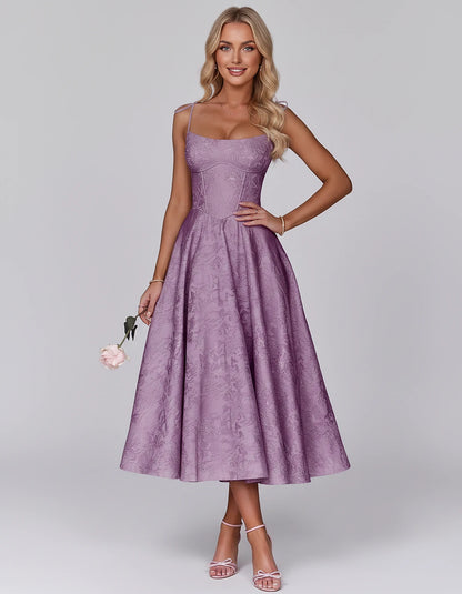Floral Jacquard Satin Sleeveless Square Neck A-Line Midi Dress for Party, Cocktail, Evening, Wedding Guest, Prom & Summer Eve